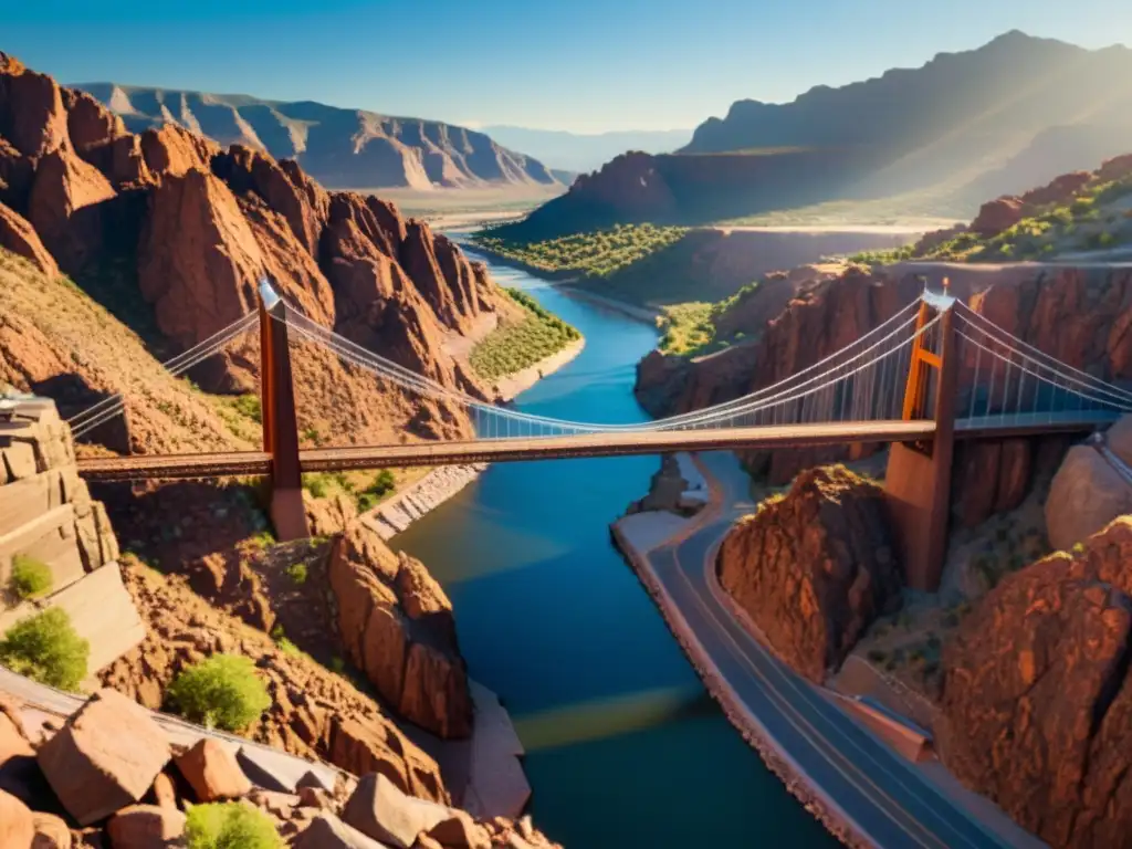 3D render del puente Royal Gorge, con sus cables de suspensión, madera envejecida y el río Arkansas fluyendo