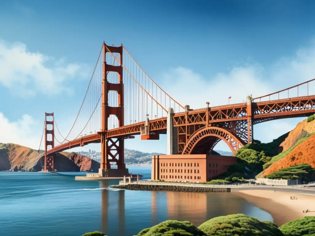 Una acuarela detallada del Puente Golden Gate en San Francisco, con su intrincada estructura de acero y juego de luces y sombras