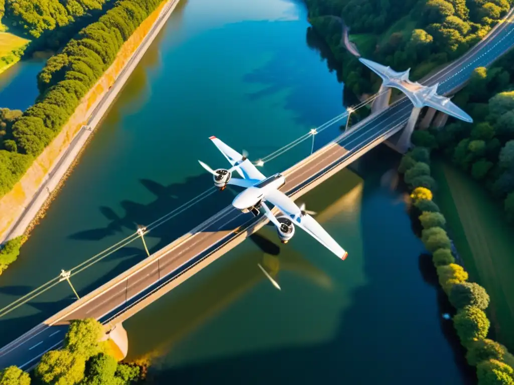 Fotografía aérea de un drone capturando la majestuosidad de un puente y su entorno desde el cielo