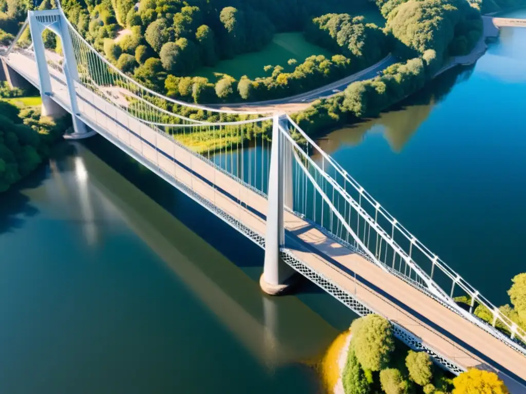 Fotografía aérea de un puente de acero majestuoso sobre un río, resaltando la belleza natural y la ingeniería impresionante