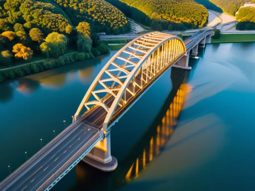 Fotografía aérea de un puente majestuoso sobre un río al atardecer, bañado por una suave luz dorada