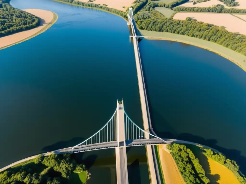 Fotografía aérea de un puente que atraviesa un río, capturada desde un dron