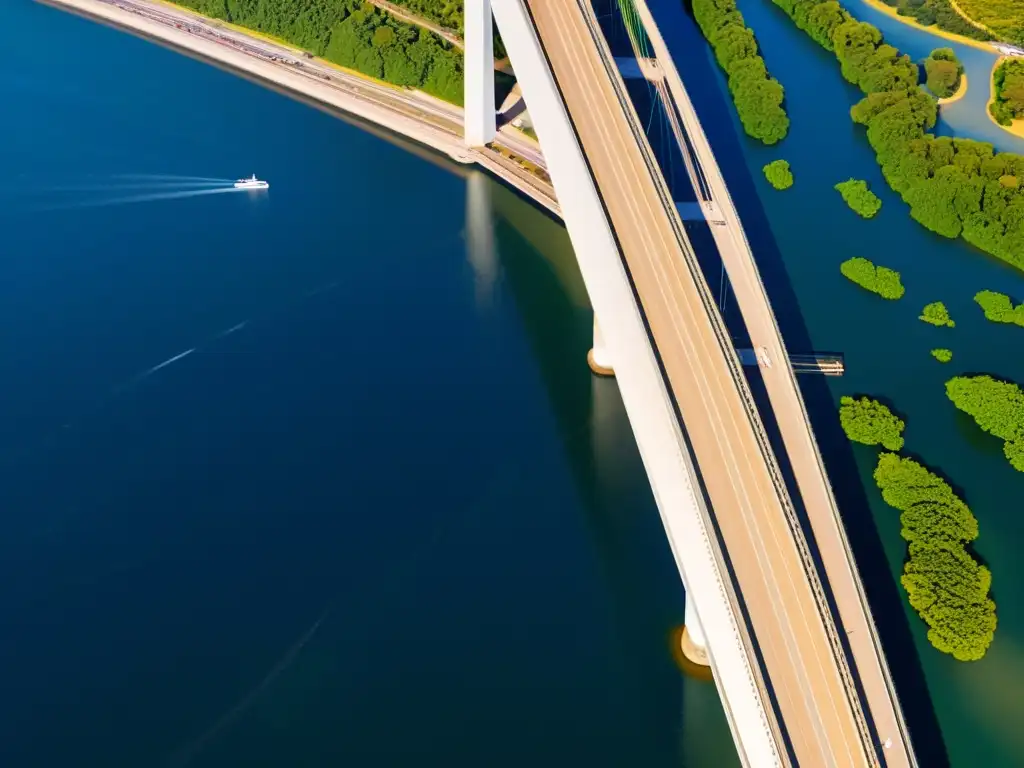 Fotografía aérea del Puente Vasco da Gama resaltando su diseño ingenieril y arquitectónico, con reflejos de luz y paisaje circundante