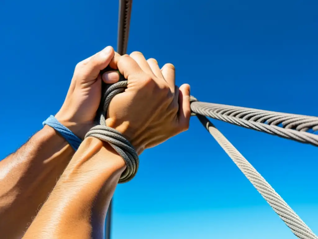 Un alpinista desafiante agarra con fuerza los cables de acero del Puente de la Bahía de Sídney, con determinación en su rostro