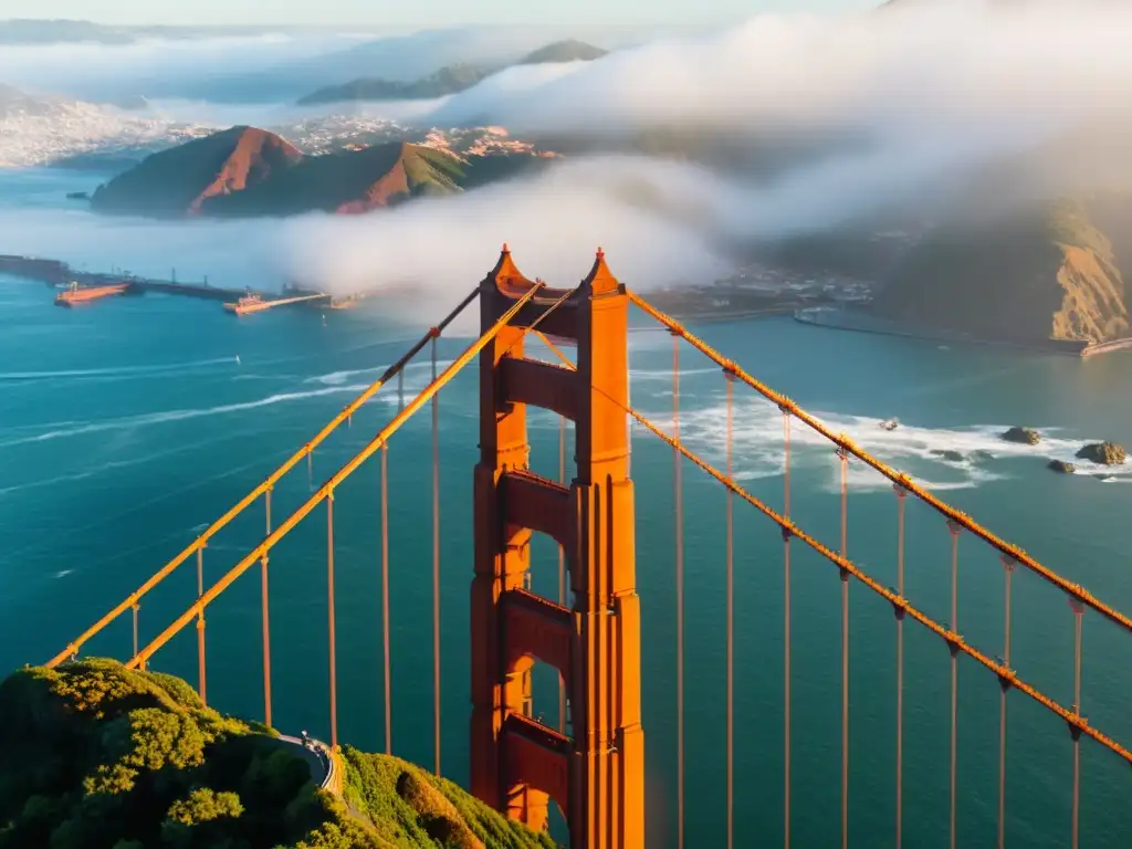 Un amanecer brumoso envuelve el icónico Puente Golden Gate en San Francisco