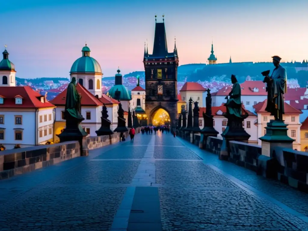 Un amanecer dorado ilumina el icónico Puente de Carlos en Praga, mostrando su arquitectura gótica y las estatuas de santos