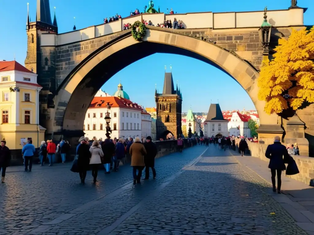 Un animado Festival de Otoño en el Puente Carlos de Praga, con música y decoraciones tradicionales bajo la cálida luz del atardecer