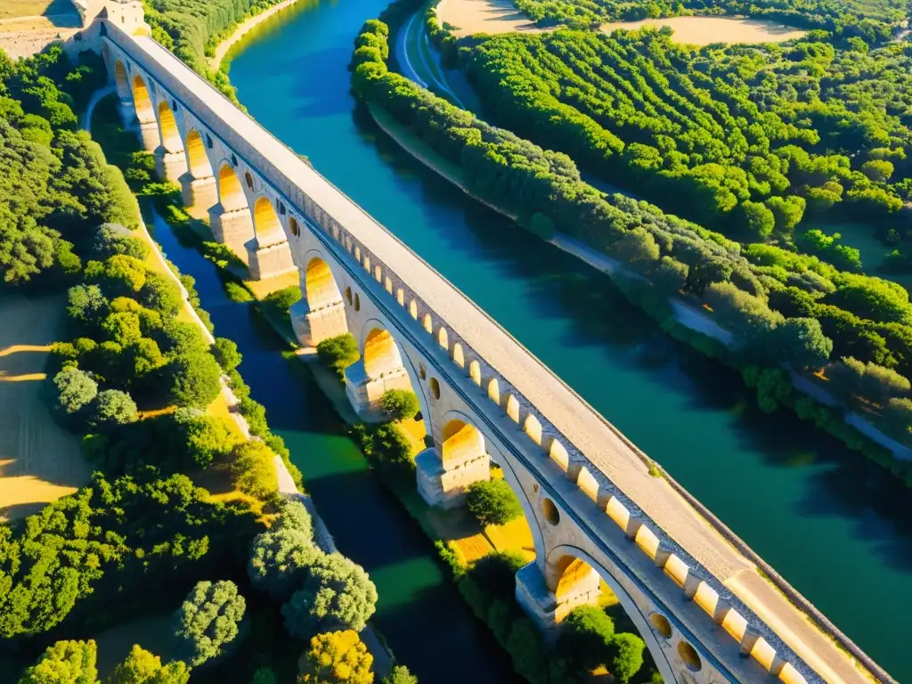 El antiguo acueducto romano Pont du Gard al atardecer, con sus imponentes arcos de piedra bañados por la cálida luz del sol