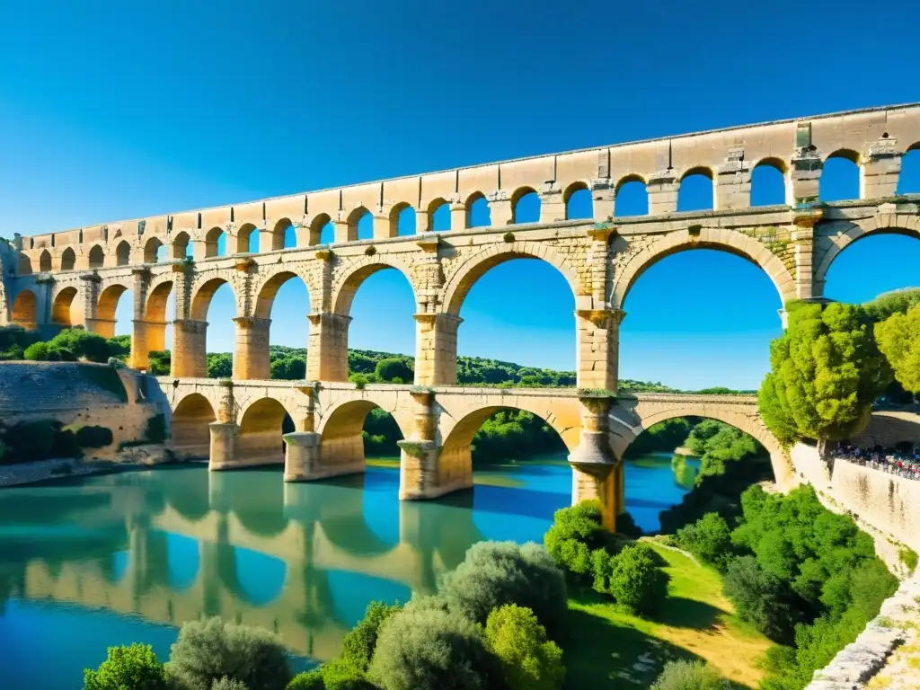 Antiguo acueducto romano Pont du Gard en Francia, con impacto cultural y educativo, destacando la grandiosidad arquitectónica y el entorno natural