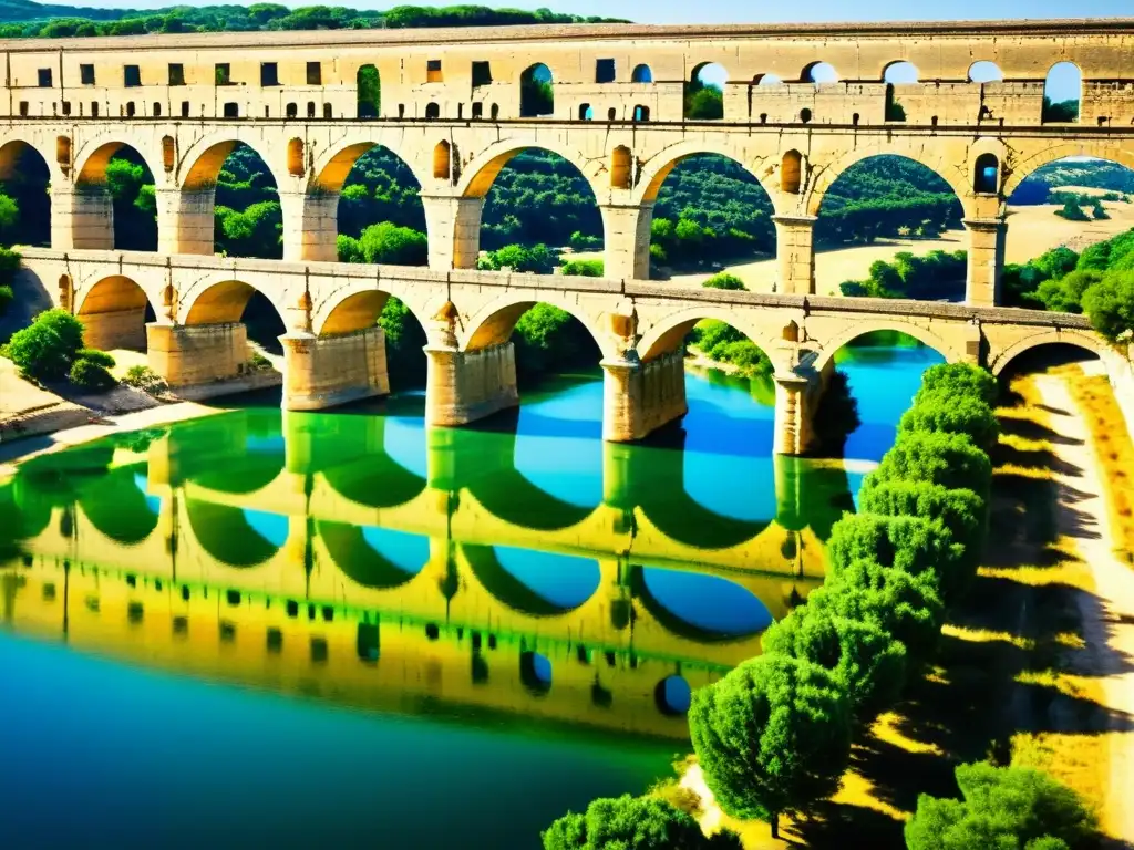 El antiguo acueducto romano Puente de Pont du Gard se eleva majestuosamente sobre el paisaje, bañado por la cálida luz del sol