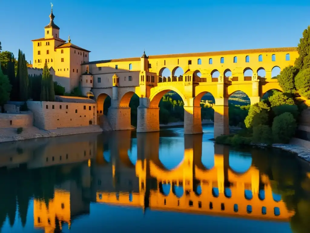 El antiguo Puente de Segovia bañado por la cálida luz dorada del atardecer, destaca la historia y arquitectura del Puente de Segovia