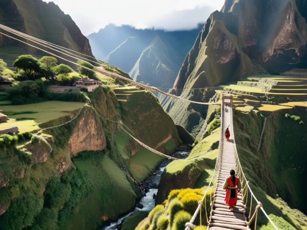 Un antiguo puente colgante inca en los Andes, tejido con fibras naturales, sobre un desfiladero