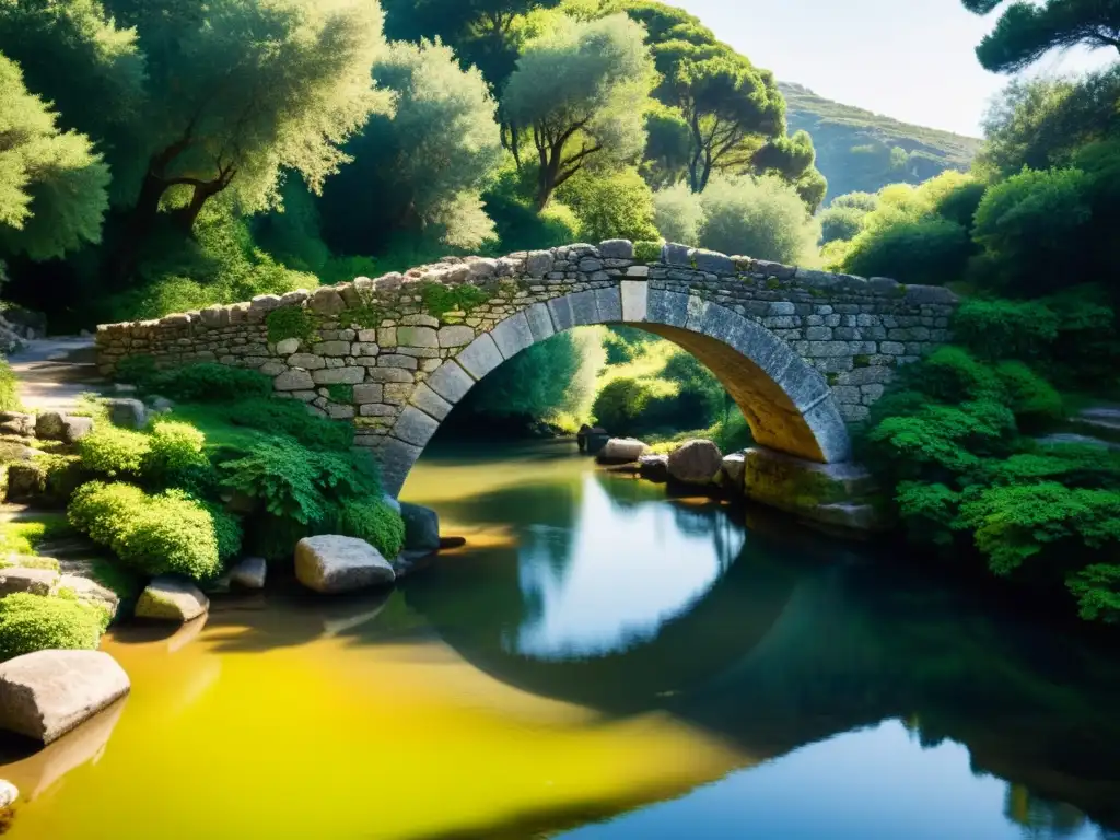 Antiguo puente de piedra en Grecia, cubierto de vegetación, bañado por la cálida luz solar