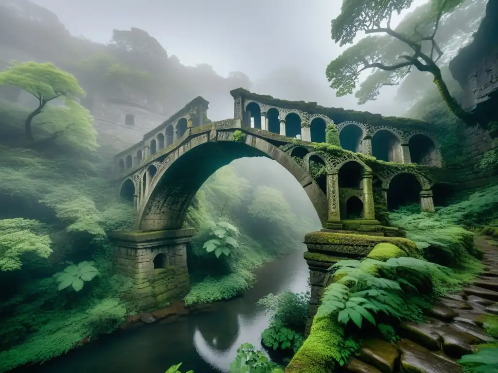 Un antiguo puente cubierto por la niebla en un bosque oscuro, capturando el rol de los puentes en la narrativa de terror