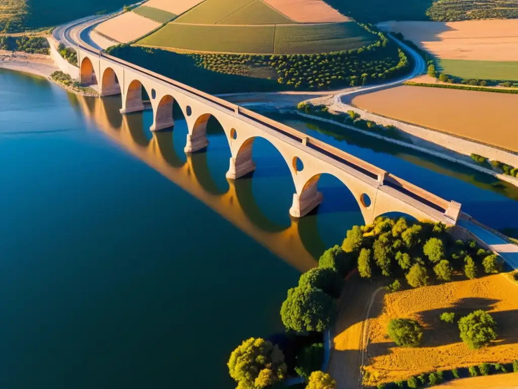 El antiguo Puente Alcántara, ejemplo de la ingeniería romana, se alza majestuoso sobre el río Tajo en España, bañado por la cálida luz del atardecer