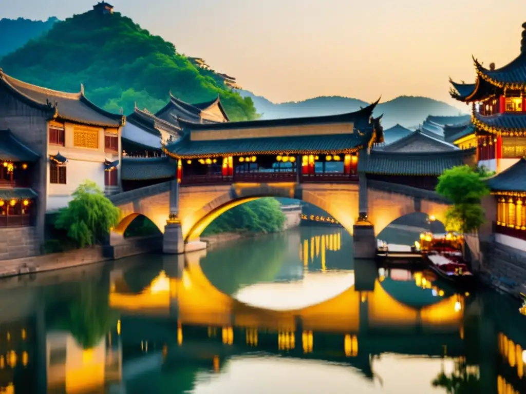 El antiguo Puente Fenghuang en China se refleja en aguas tranquilas al atardecer, rodeado de historia y belleza natural