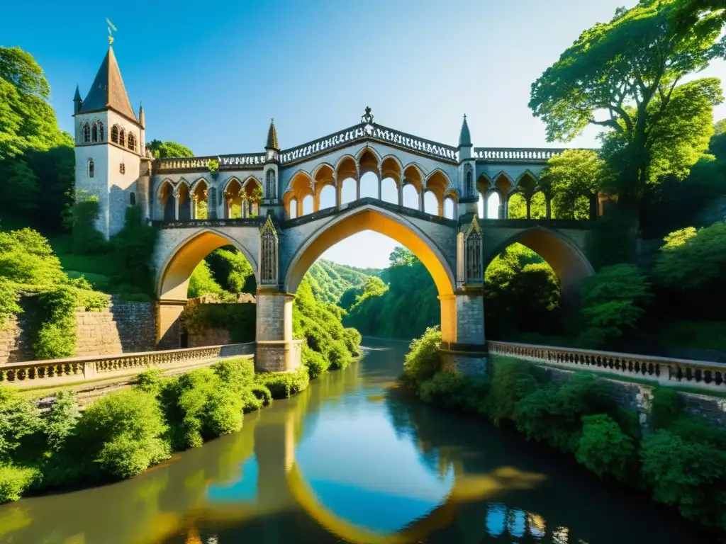 Un antiguo puente gótico en medio de exuberante vegetación y luz solar filtrada, impresionante por sus detallados grabados y arquitectura imponente