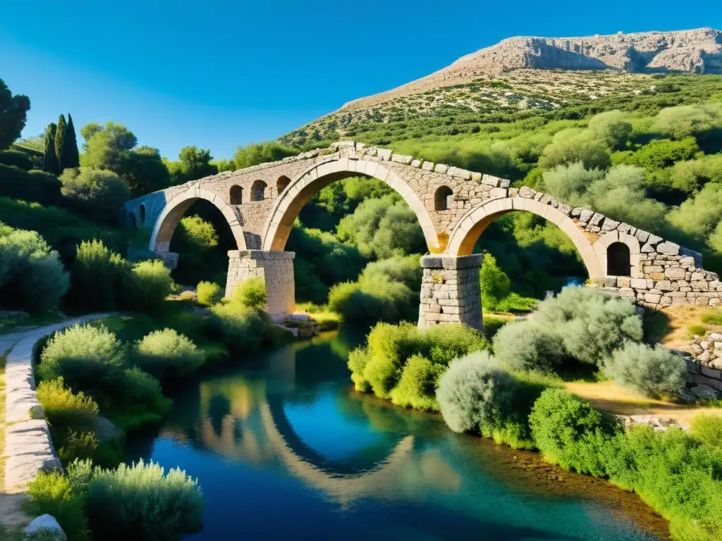 El antiguo puente griego Arkadiko destaca entre exuberante vegetación y cielo azul