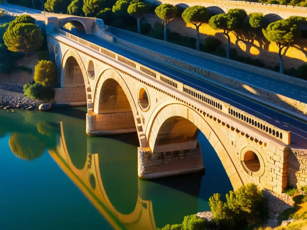 El antiguo Puente de Alcántara, joya de la ingeniería romana, se alza sobre el río Tajo en España, iluminado por el cálido atardecer