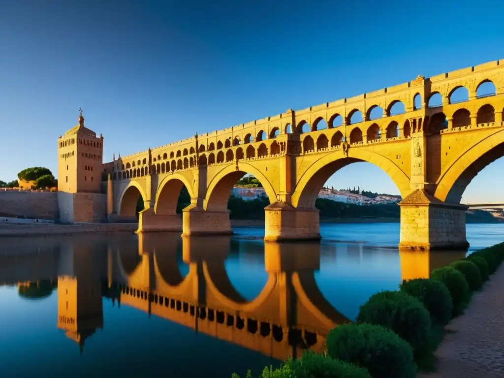 El antiguo Puente de Alcántara legado romano se alza majestuoso sobre el río Tajo al atardecer, creando una escena impresionante y evocadora