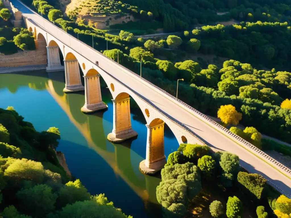 El antiguo Puente de Alcántara se alza majestuoso sobre el río Tajo, bañado por una cálida luz dorada