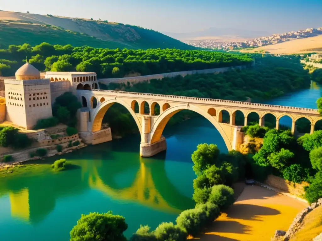 El antiguo Puente de Malabadi en Turquía, con sus arcos de piedra y superficie texturizada, rodeado de exuberante vegetación y el río Tigris