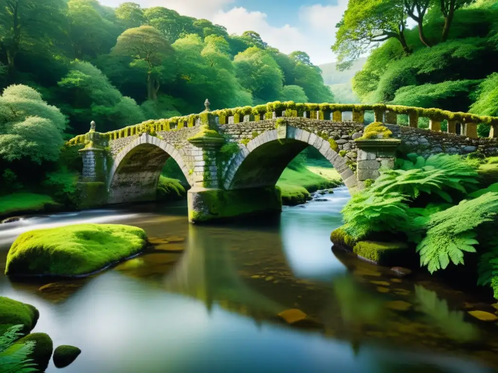 Antiguo puente de piedra: belleza eterna en la naturaleza Un antiguo puente de piedra, cubierto de musgo, cruza un río tranquilo entre exuberante vegetación