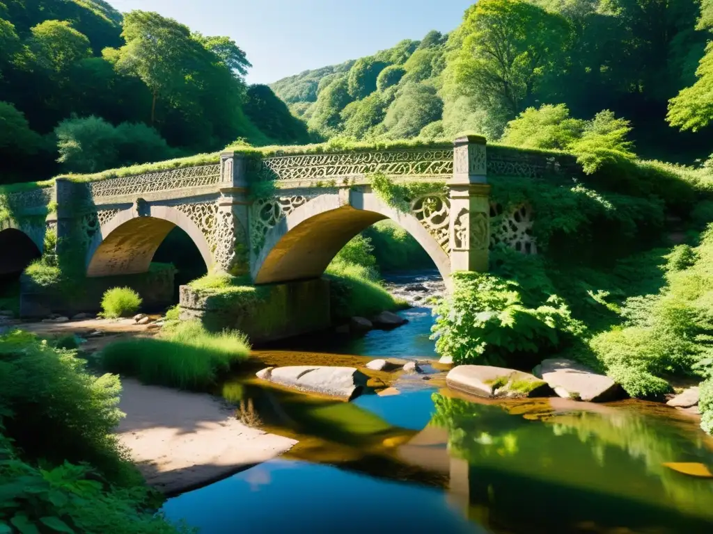 Antiguo puente de piedra cubierto de vegetación, con inscripciones visibles, que evoca misterio y legado histórico