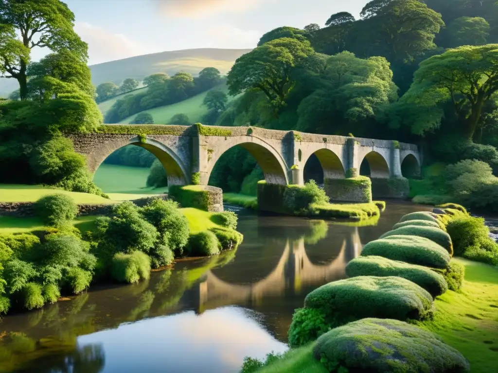 Un antiguo puente de piedra cubierto de musgo y enredaderas se alza sobre un río tranquilo, bañado por la suave luz del atardecer