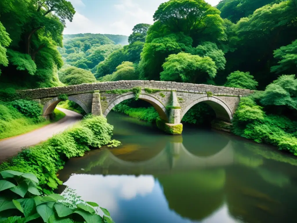 Un antiguo puente de piedra parcialmente derrumbado rodeado de exuberante vegetación, con sus restos reflejados en las tranquilas aguas de un río