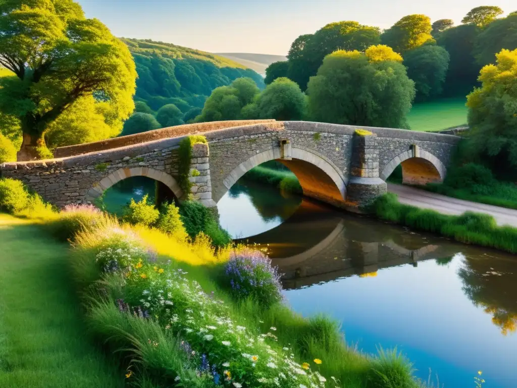 Un antiguo puente de piedra, desgastado por el tiempo, se extiende sobre un río tranquilo al atardecer