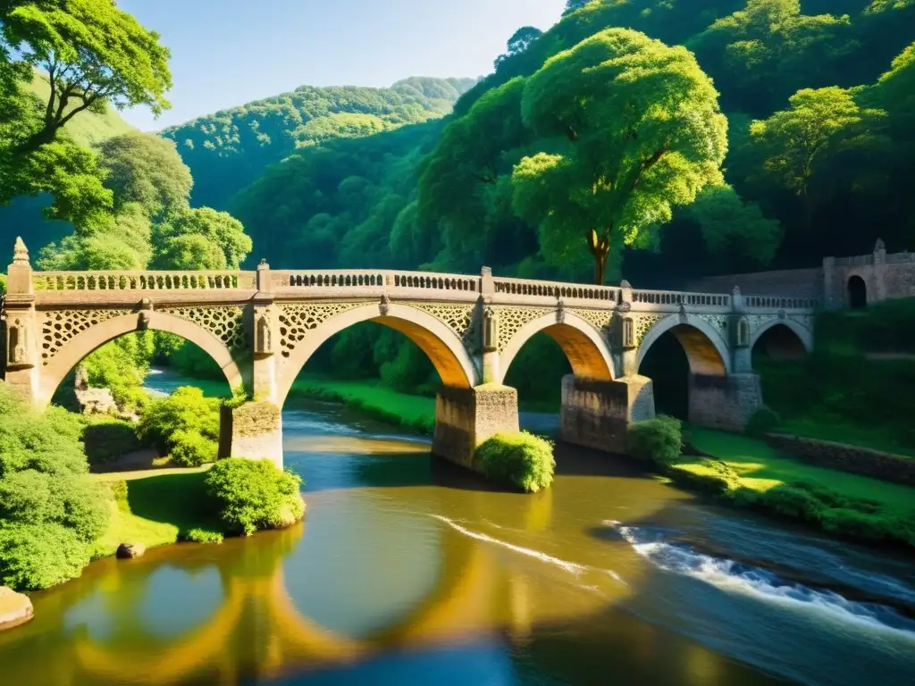 Antiguo puente de piedra con detalles históricos y naturaleza exuberante, conectando culturas y generaciones, impacto cultural puentes educación