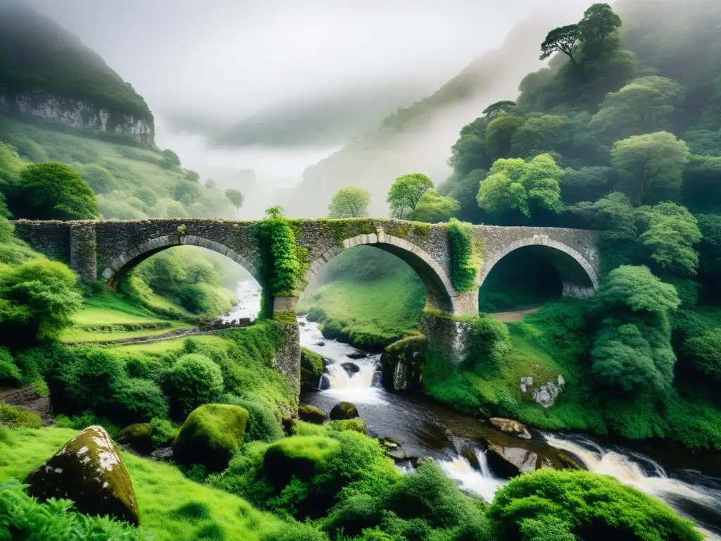 Antiguo puente de piedra envuelto en neblina y misterio, rodeado de exuberante vegetación y evocando narrativas culturales, mitos y leyendas