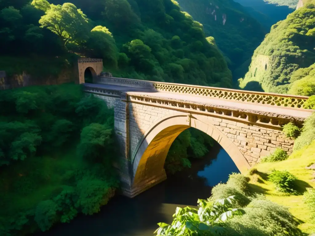 Antiguo puente de piedra con grabados, arcos y sombras dramáticas, evocando asombro y maravilla