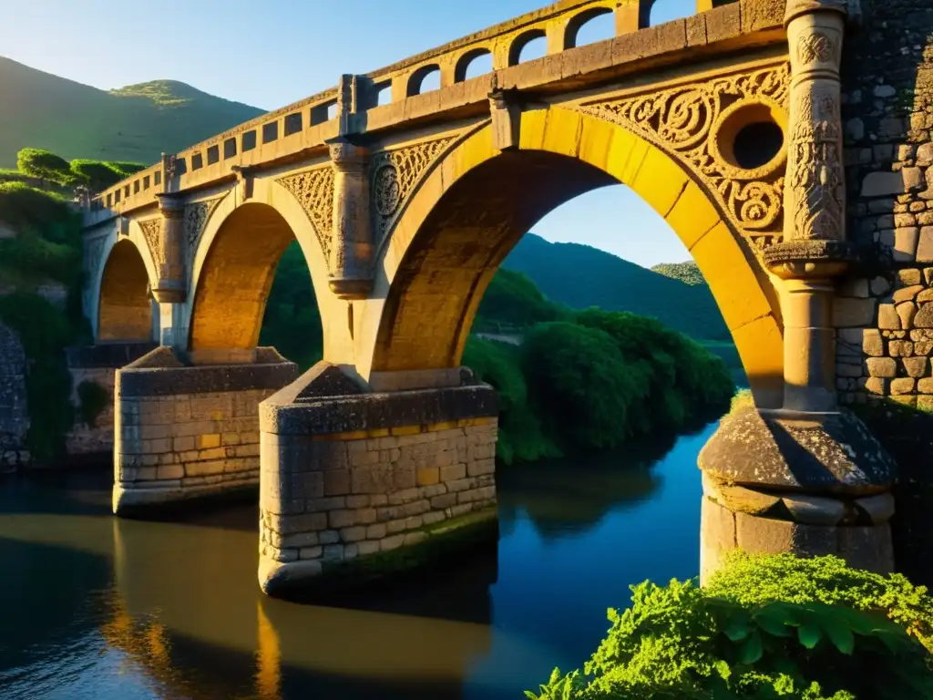 Antiguo puente de piedra con intrincados grabados, iluminado por la cálida luz del atardecer, evocando historia y arquitectura de puentes