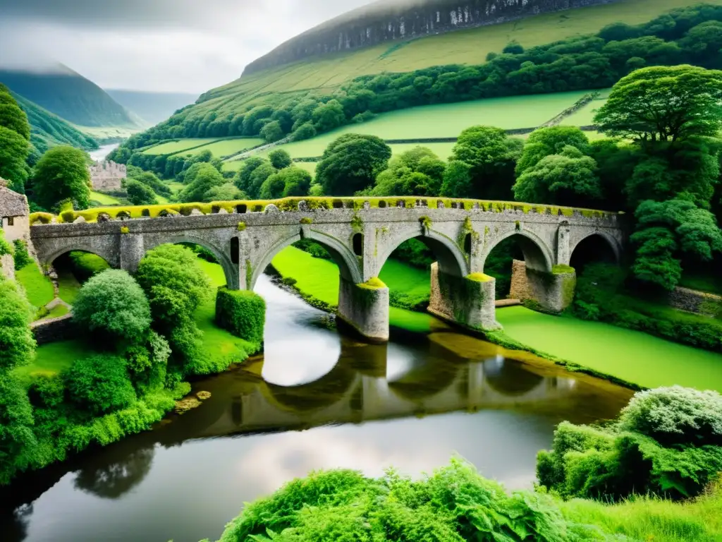 Un antiguo puente de piedra con intrincados grabados sobre un ancho río, rodeado de exuberante vegetación y bajo un dramático cielo nublado