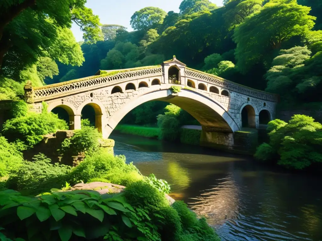 Un antiguo puente de piedra con intrincados grabados y arcos cubiertos de musgo, enmarcado por exuberante vegetación y un río sereno