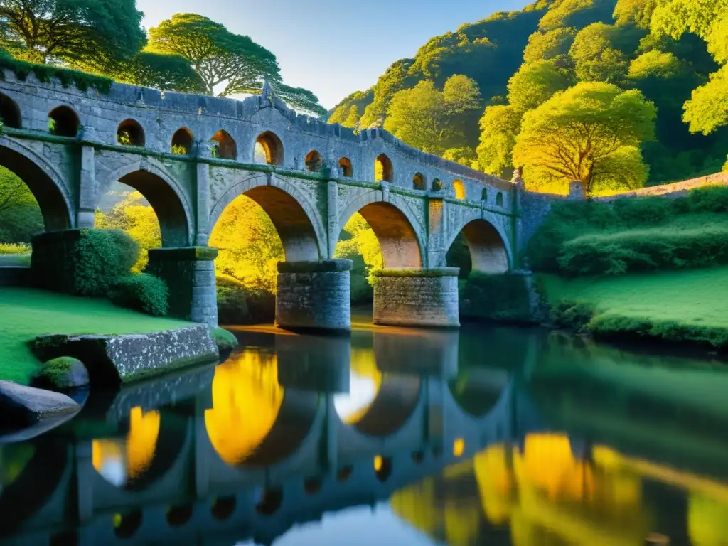 Un antiguo puente de piedra con intrincados detalles arquitectónicos y una atmósfera de serenidad al amanecer