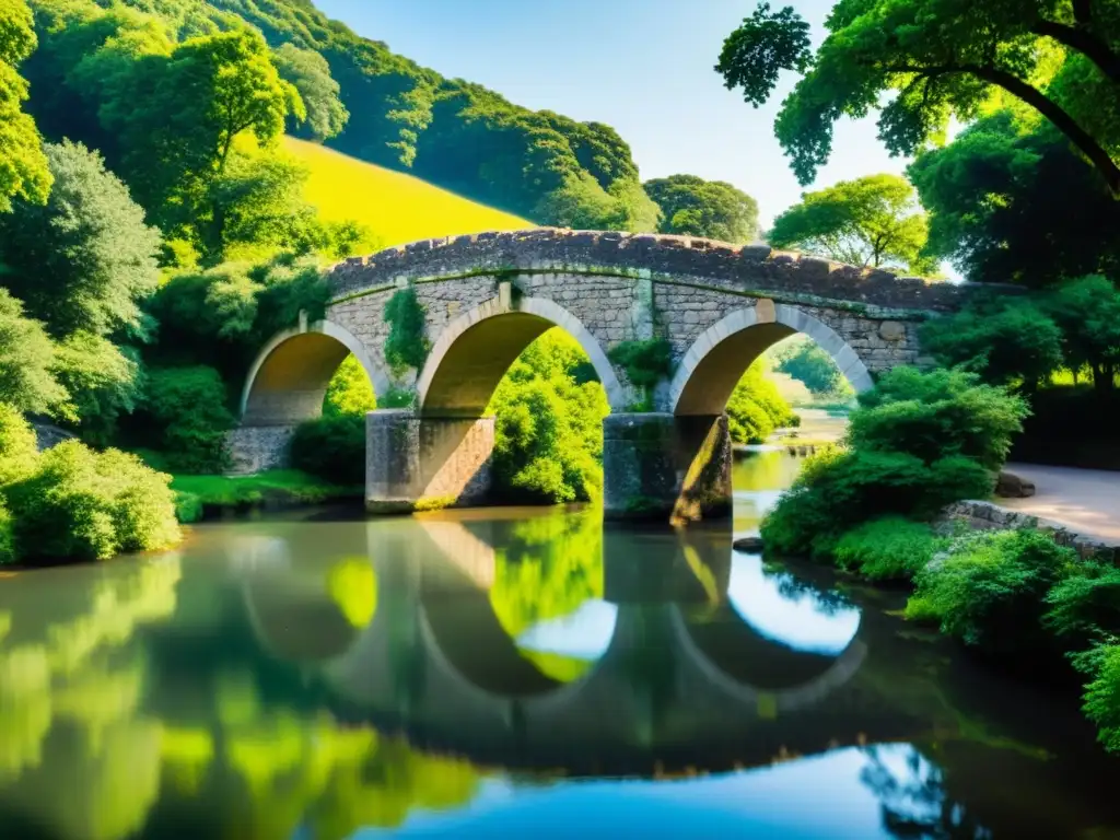 Un antiguo puente de piedra junto a un río sereno rodeado de exuberante vegetación y luz solar filtrada