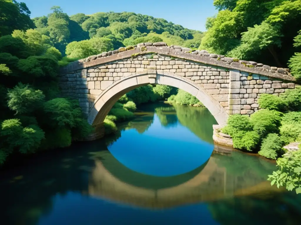 Un antiguo puente de piedra sobre un río sereno rodeado de exuberante vegetación y cielo azul