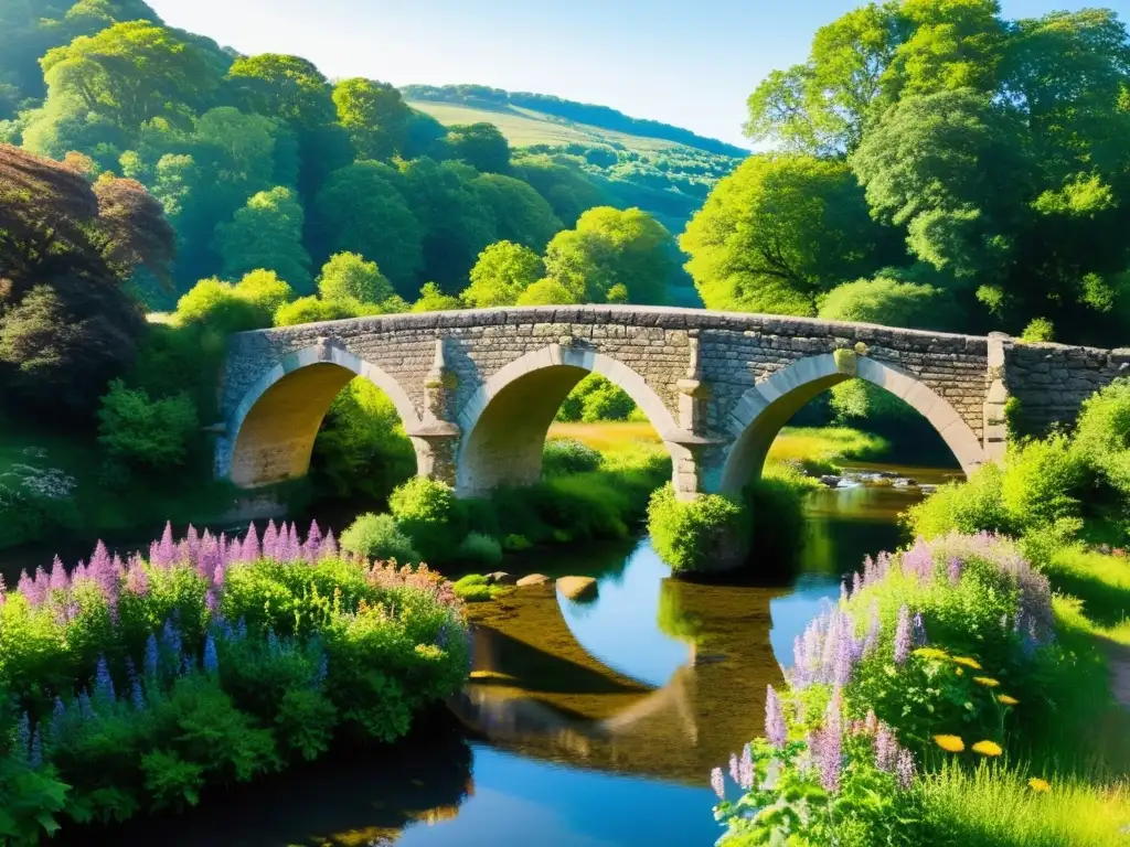 Un antiguo puente de piedra se extiende sobre un río tranquilo, rodeado de vegetación exuberante y flores silvestres