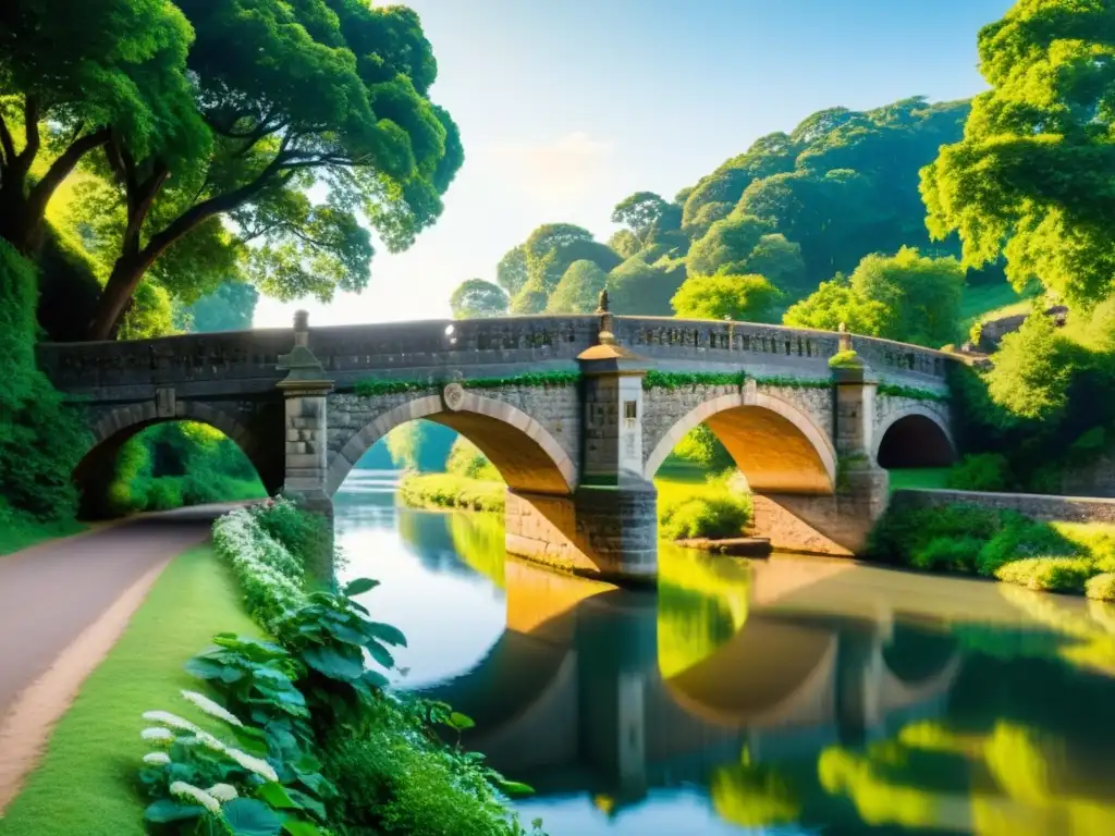 Un antiguo puente de piedra sobre un río tranquilo, rodeado de exuberante vegetación