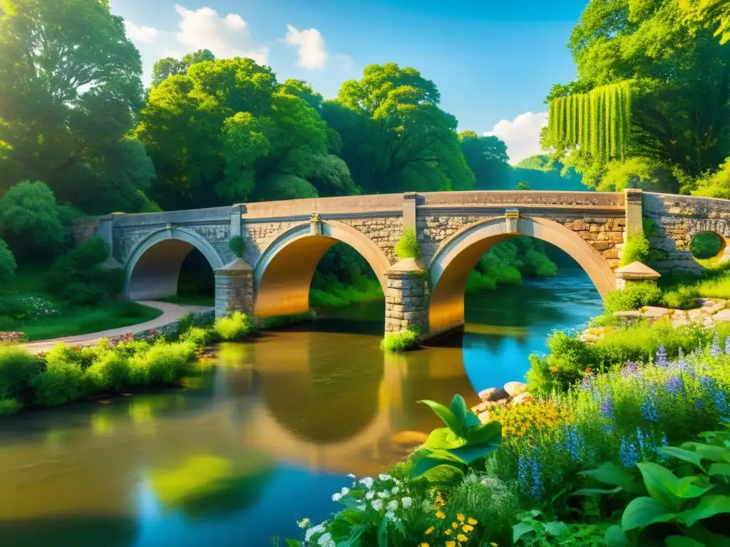 Un antiguo puente de piedra es restaurado con tecnologías verdes, rodeado de naturaleza exuberante y flores silvestres