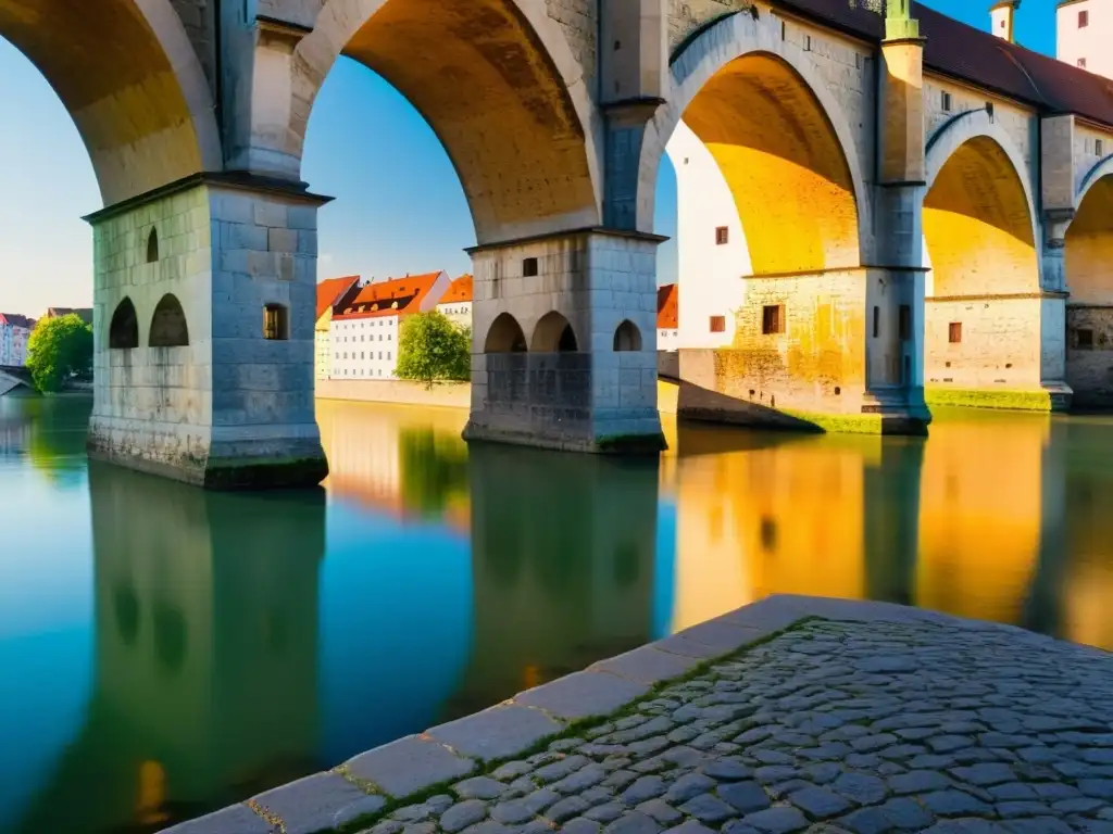 El antiguo Puente de Piedra de Regensburg se extiende sobre el río Danubio, iluminado por el cálido resplandor del sol poniente