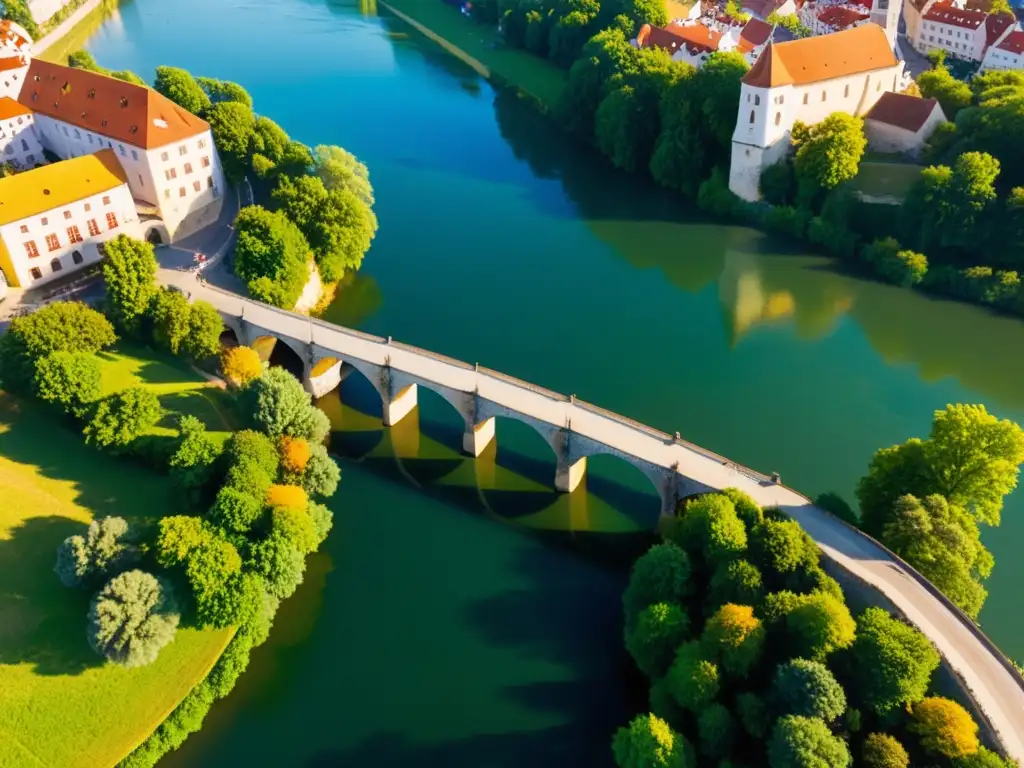 El antiguo Puente de Piedra de Regensburg se eleva sobre el río Danubio, bañado por una cálida luz dorada