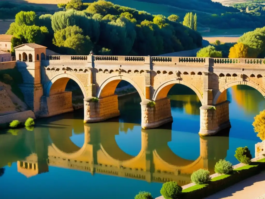 El antiguo Puente de Alcántara se alza sobre el río Tajo, bañado por el cálido sol de la tarde