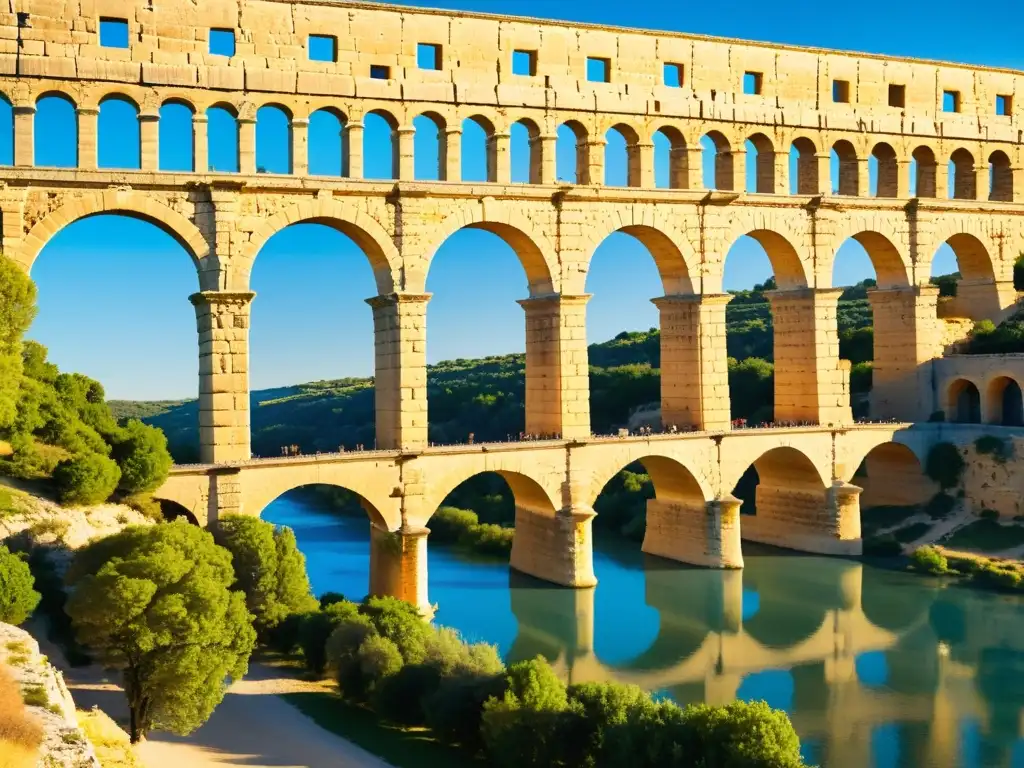 El antiguo puente romano Pont du Gard al atardecer, con sus imponentes arcos de piedra bañados por la cálida luz del sol