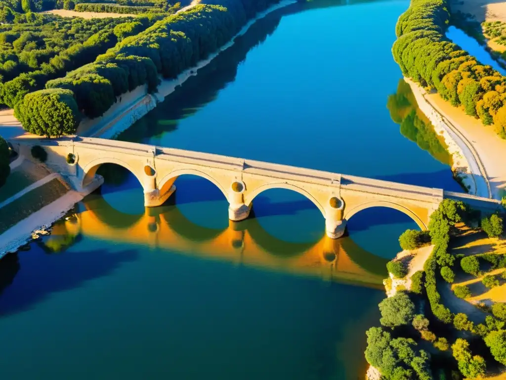 El antiguo puente romano Pont du Gard se alza majestuoso sobre el río Gardon, bañado por la cálida luz del atardecer