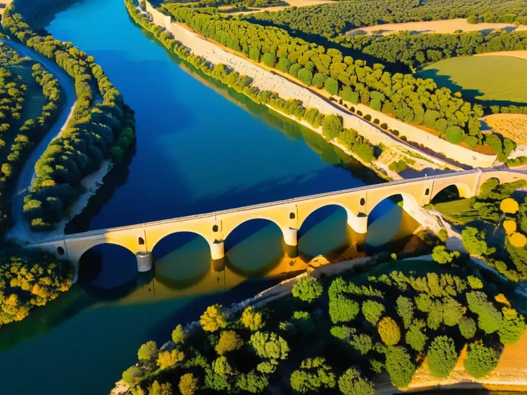 El antiguo puente romano Pont du Gard se eleva sobre el río Gardon al atardecer, un ícono de la historia y la arquitectura mundial