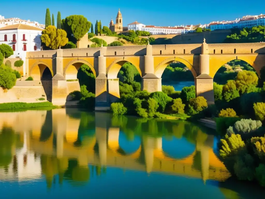 El antiguo Puente Romano de Córdoba sobre el río Guadalquivir, bañado por la cálida luz del sol, revela su historia y belleza atemporal